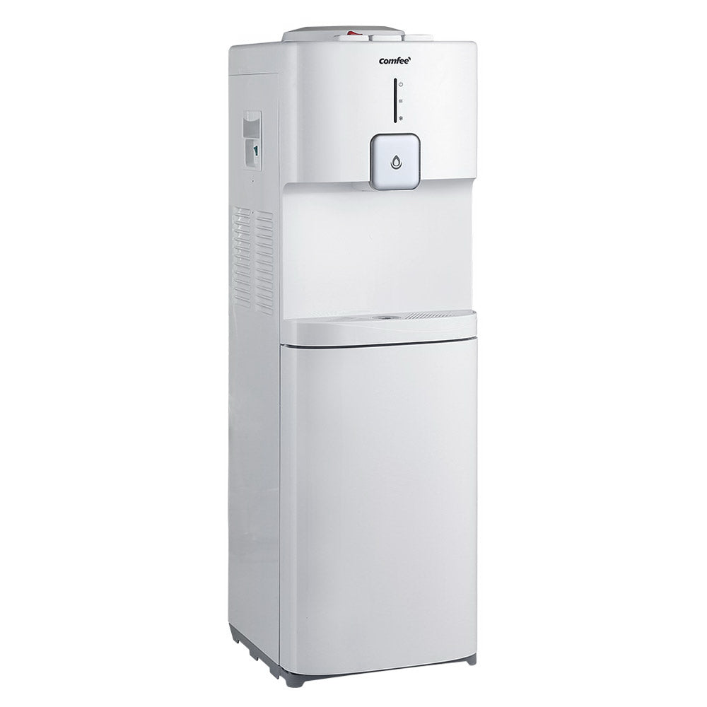 White top loading hot and cold water dispenser with single faucet and storage cabinet