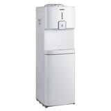 White top loading hot and cold water dispenser with single faucet and storage cabinet
