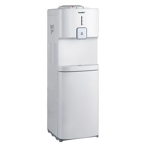 White top loading hot and cold water dispenser with single faucet and storage cabinet