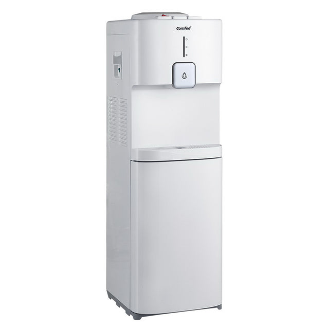 White top loading hot and cold water dispenser with single faucet and storage cabinet