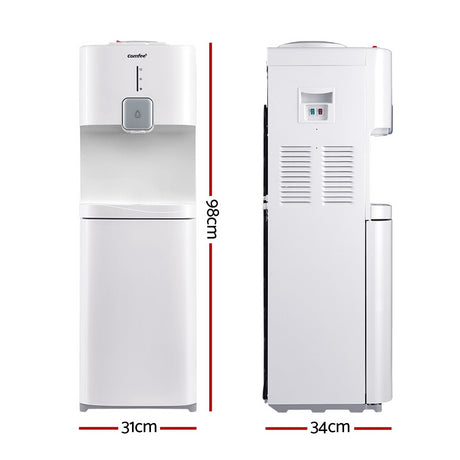 Front view of the white water dispenser showing push button controls and LED indicators