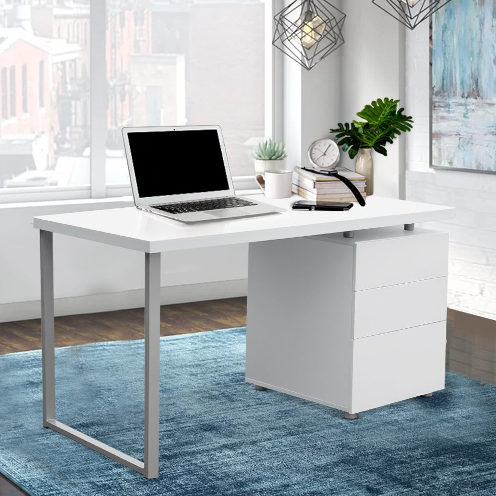 Campbell white computer desk with three drawers in a home office