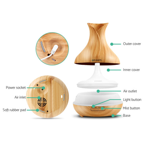 Devanti Aroma Diffuser Aromatherapy Wood 400ml Ultrasonic Essential Oil Humidifier