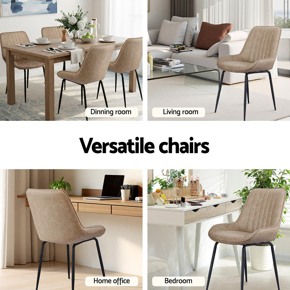 Nain khaki faux leather dining chair with black metal legs in a modern dining room