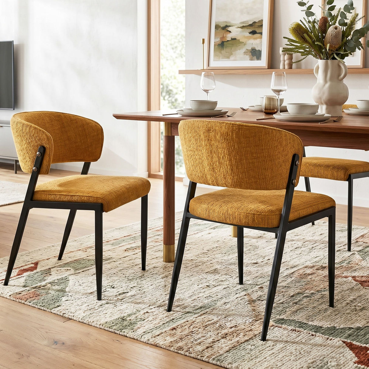 Tanunda mustard linen dining chair in a modern dining room