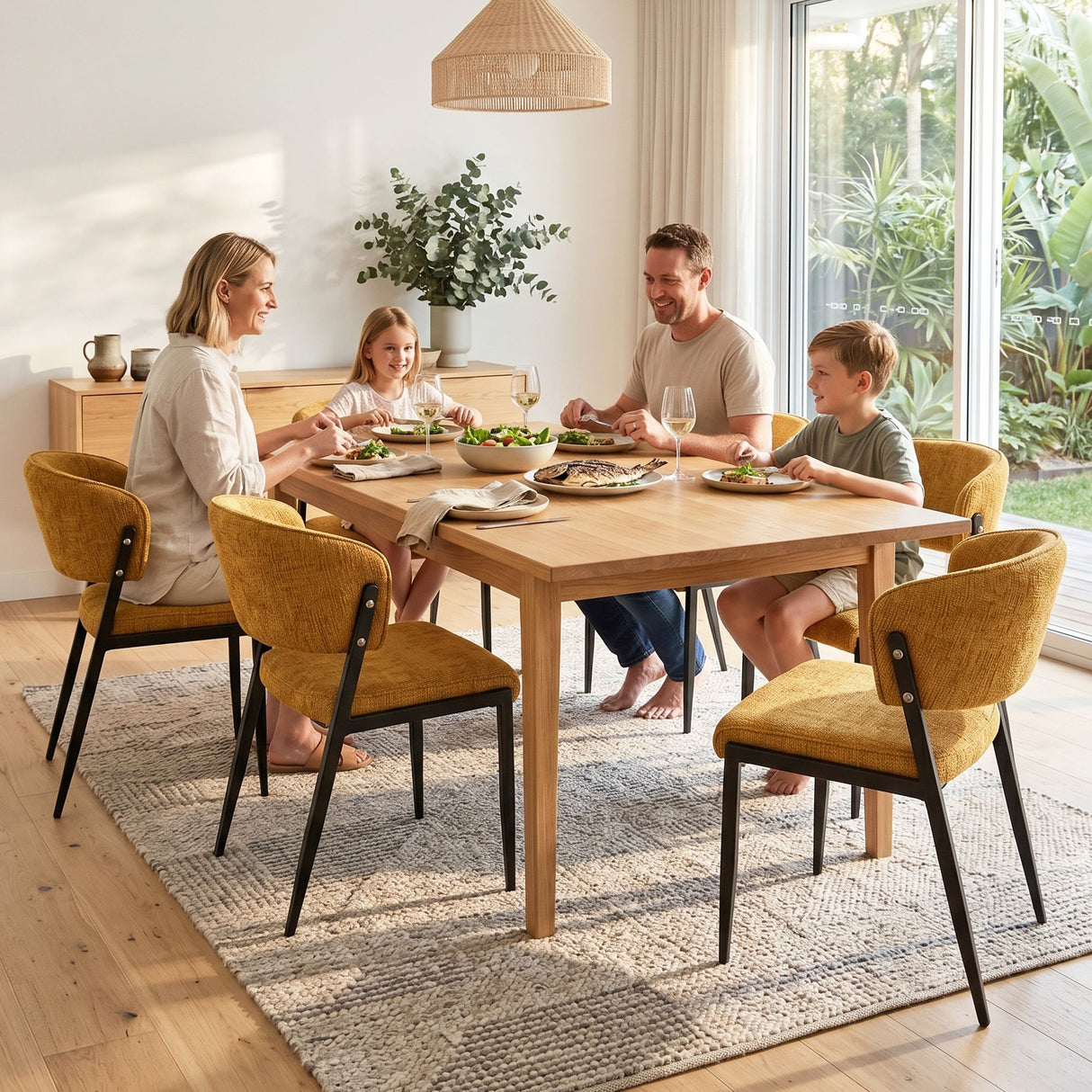 Tanunda mustard linen dining chair in a modern dining room