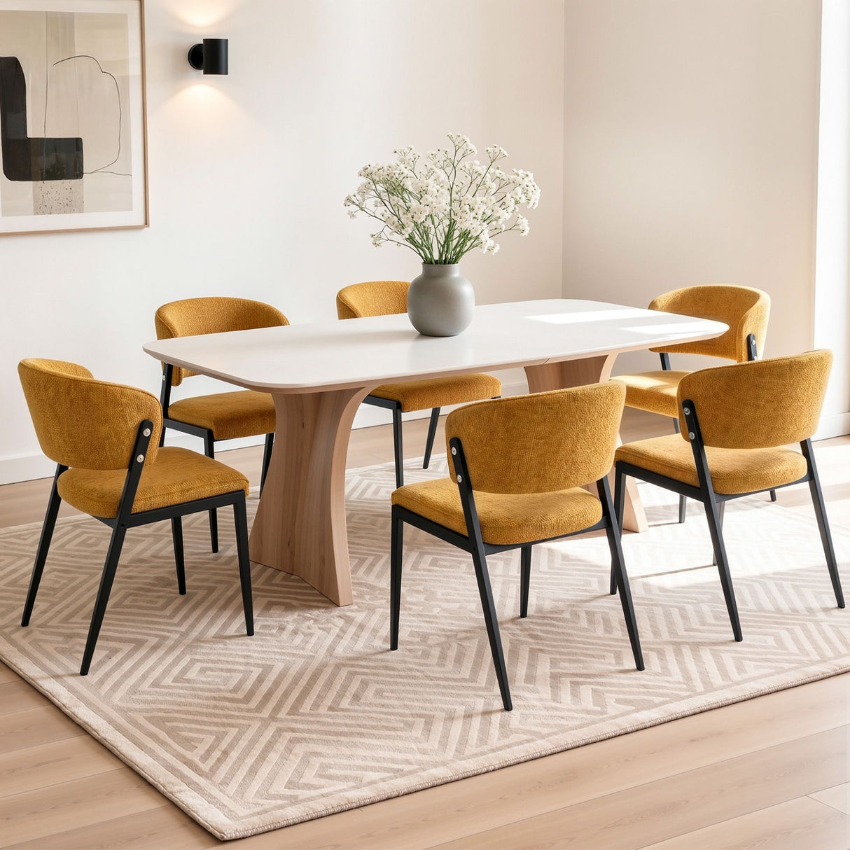 Tanunda mustard linen dining chair in a modern dining room