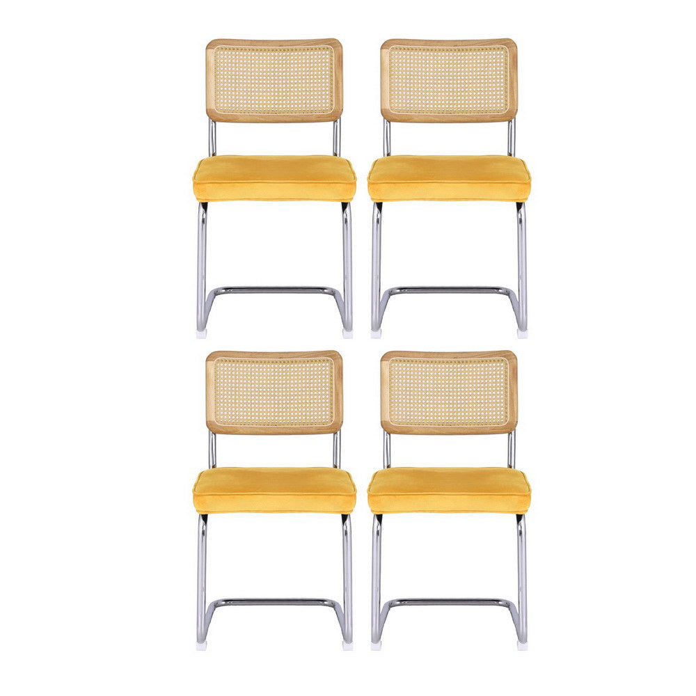 Artiss Felix Velvet Rattan Cantilever Dining Chairs — Set of 4, Yellow — Allure Home Collections
