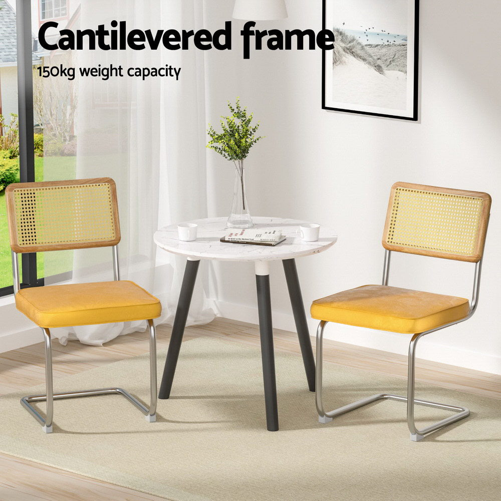Artiss Felix Velvet Rattan Cantilever Dining Chairs — Set of 4, Yellow — Allure Home Collections