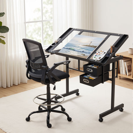 Onslow Drawing Desk and Drafting Chair Set, Black