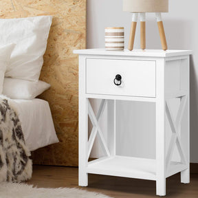Belmonte white paulownia wood bedside tables pair with one drawer each