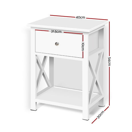 Nashua white one drawer bedside table with lower shelf in a rustic styled bedroom