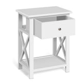 Nashua white one drawer bedside table with lower shelf in a rustic styled bedroom