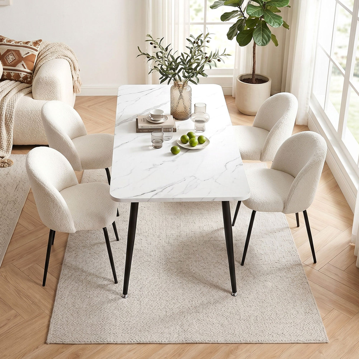 Uraidla 5 Piece Dining Set, Marble and White Sherpa