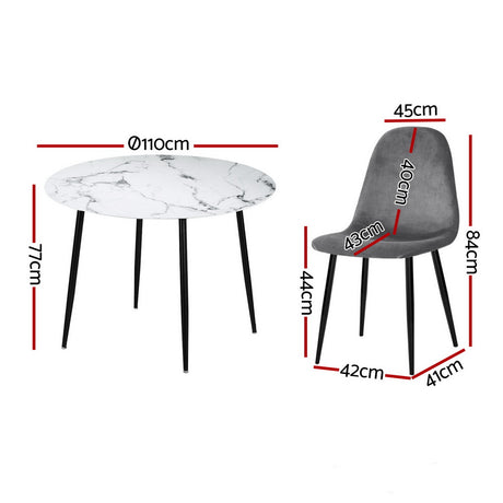 Lobethal 5 Piece Round Dining Set, Marble and Grey Velvet