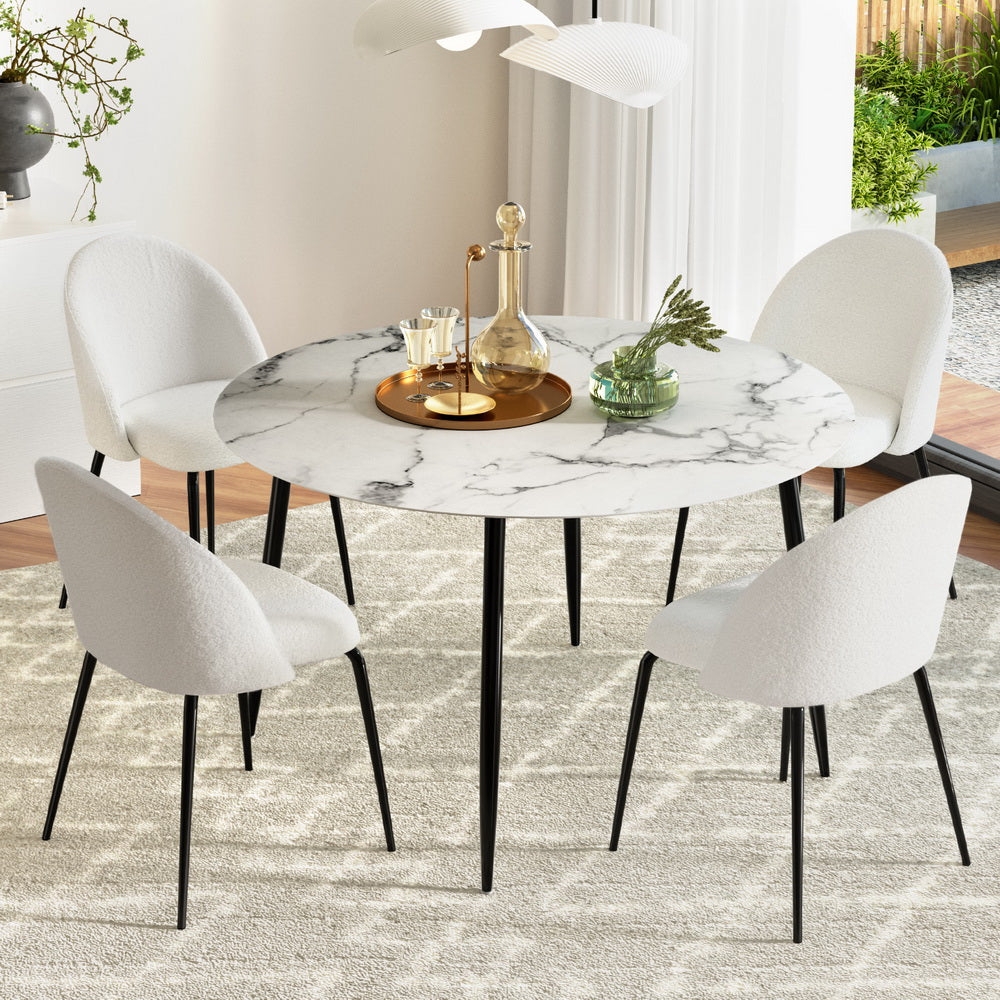 Lobethal 5 Piece Round Dining Set, Marble and White Sherpa
