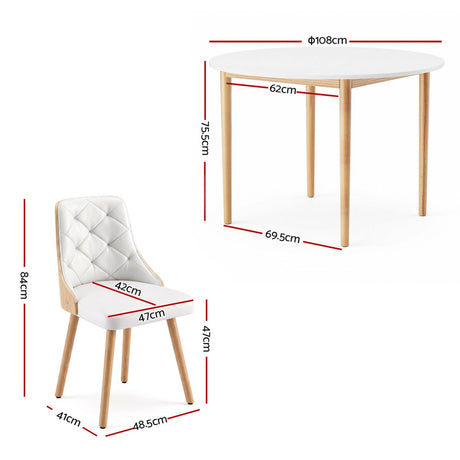 Woodside 5 Piece Round Dining Set, White Leather