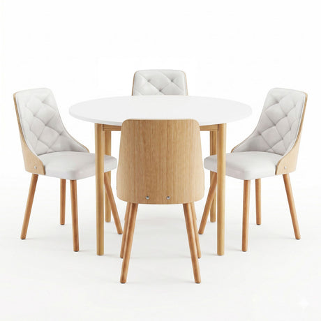 Woodside 5 Piece Round Dining Set, White Leather