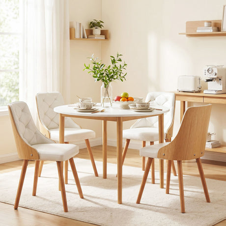 Woodside 5 Piece Round Dining Set, White Leather