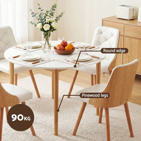 Woodside 5 Piece Round Dining Set, White Leather
