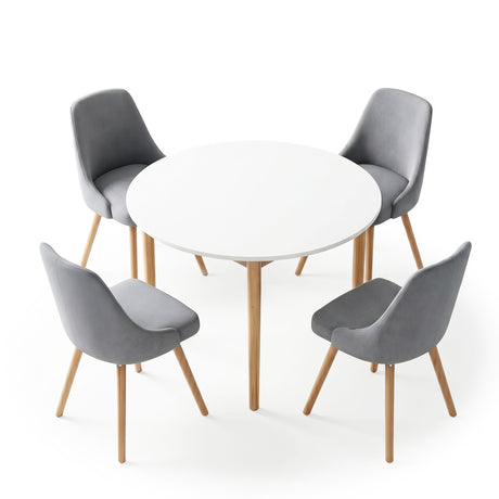 Woodside 5 Piece Round Dining Set, White and Grey Fabric