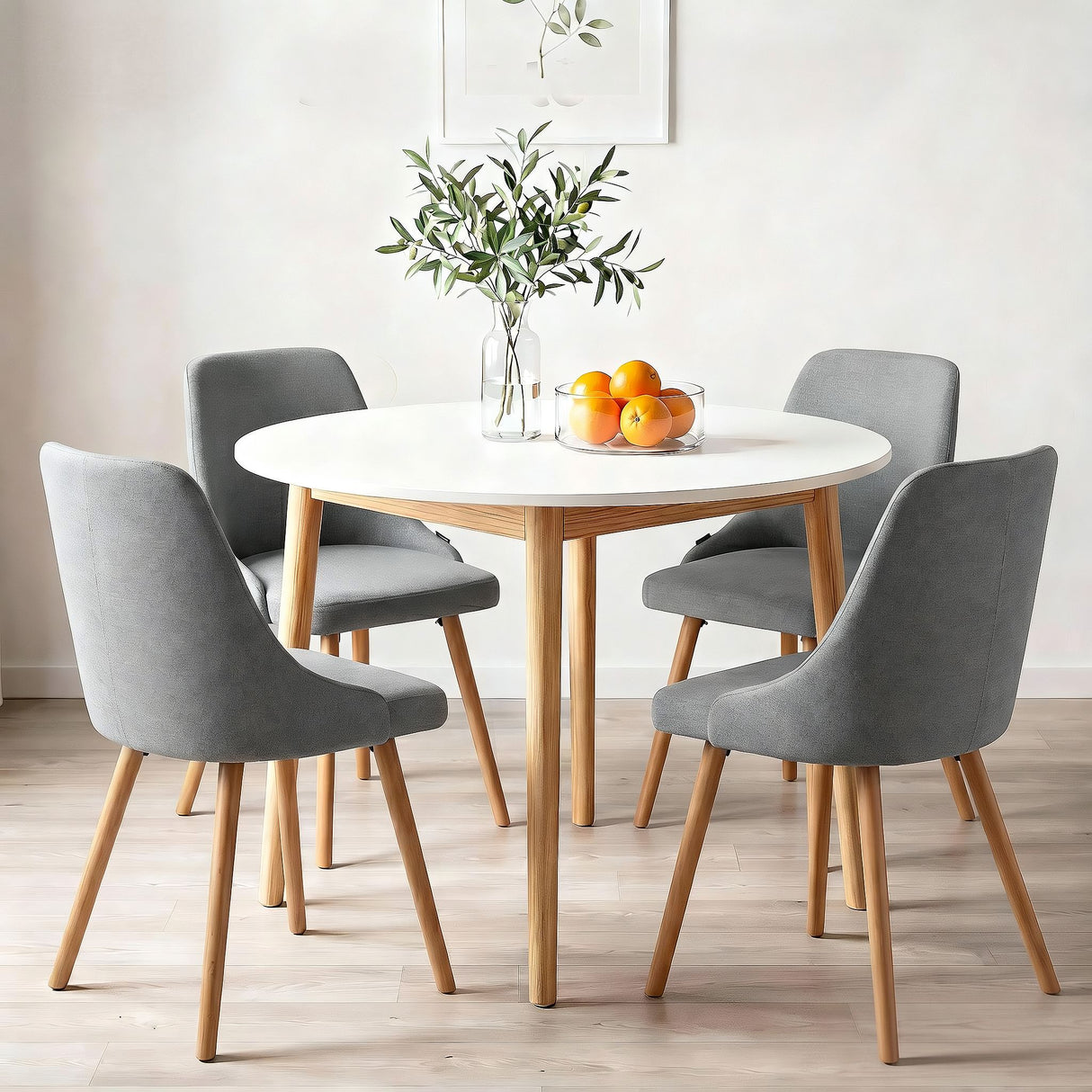 Woodside 5 Piece Round Dining Set, White and Grey Fabric