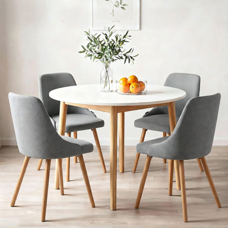 Woodside 5 Piece Round Dining Set, White and Grey Fabric