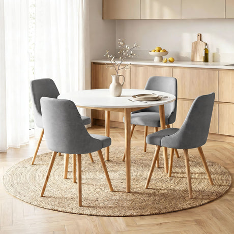 Woodside 5 Piece Round Dining Set, White and Grey Fabric