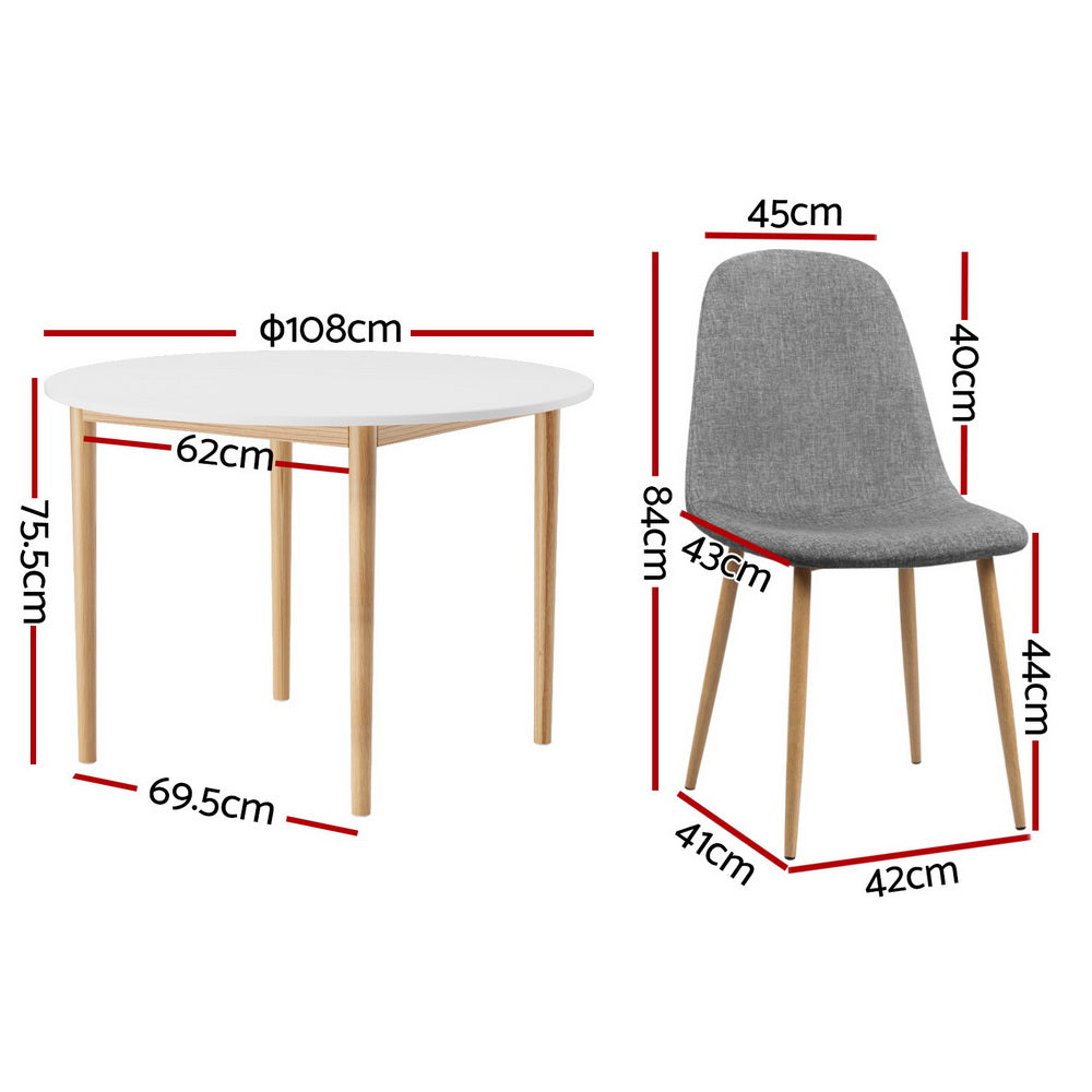 Woodside 5 Piece Round Dining Set, White and Grey Linen