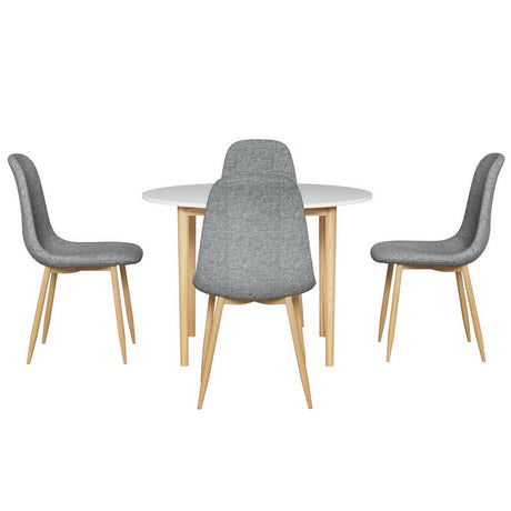 Woodside 5 Piece Round Dining Set, White and Grey Linen