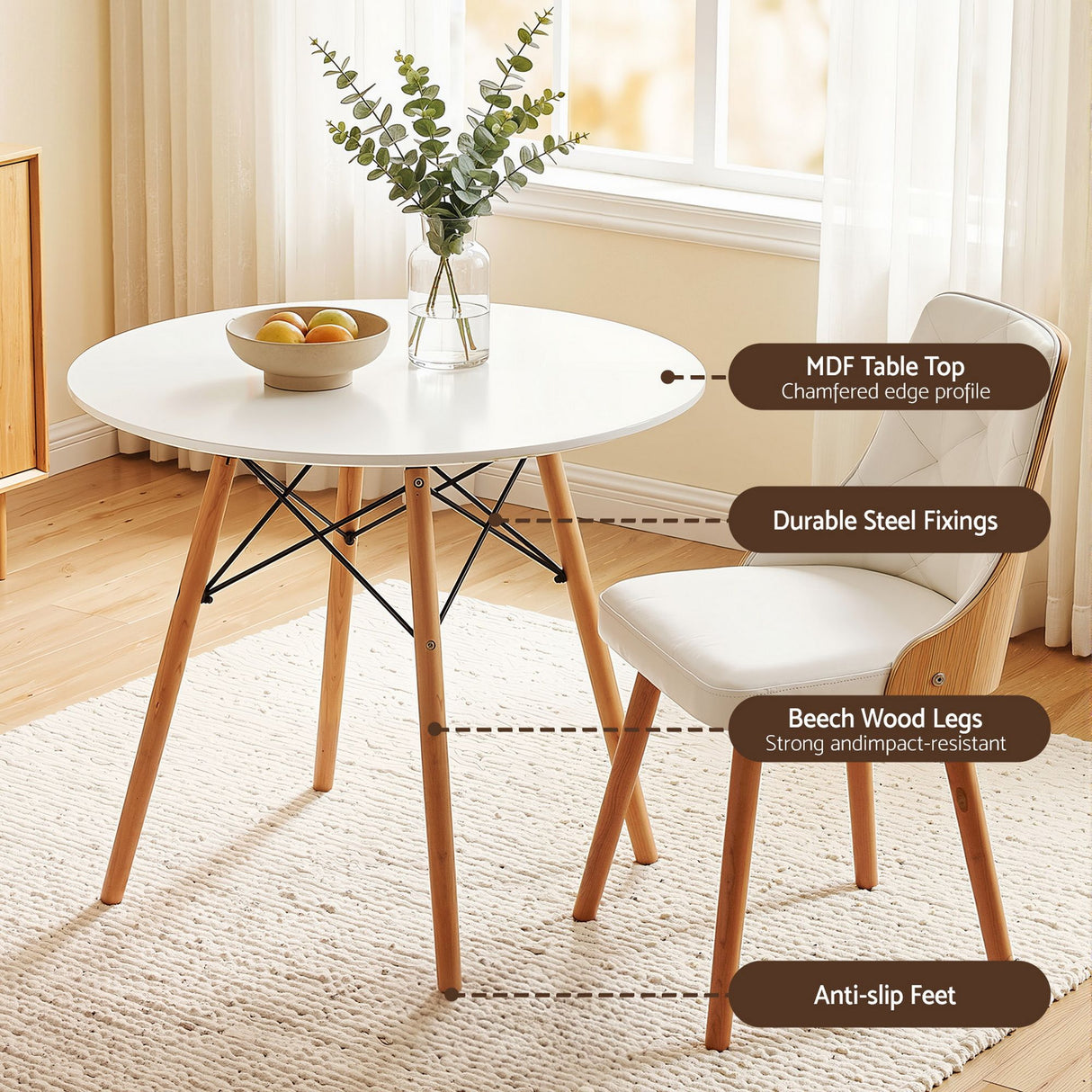 Charleston 3 Piece Round Dining Set, White Leather
