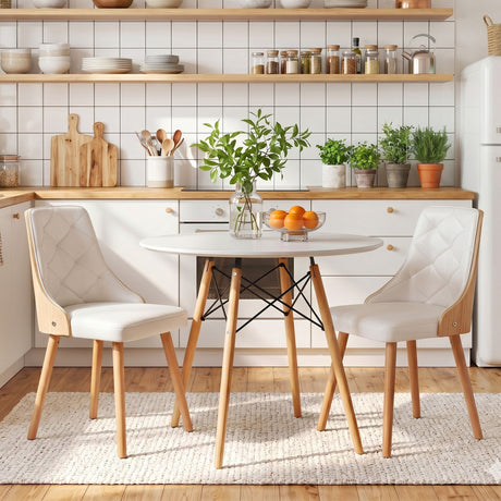 Charleston 3 Piece Round Dining Set, White Leather