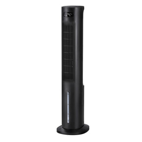 Black evaporative air cooler tower with 7 L water tank, front view