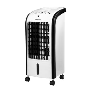 Black and white portable evaporative air cooler with 4 L tank, front view
