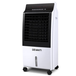 Black and white portable evaporative air cooler with 8 L tank, front view