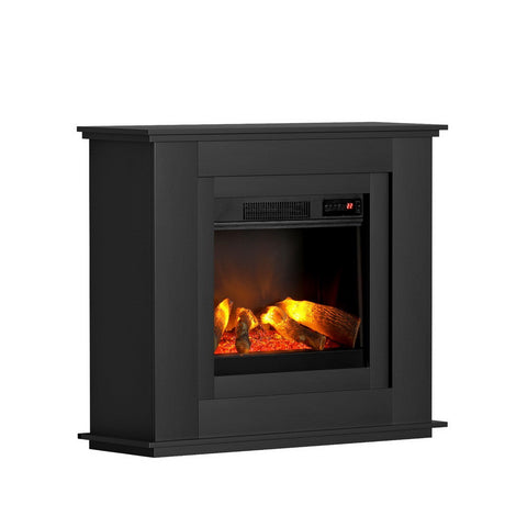Electric mantel fireplace against a living room wall