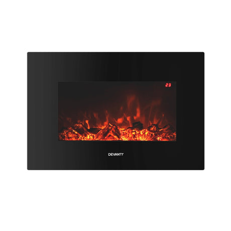 Wall mounted electric fireplace with 66 cm curved black glass front