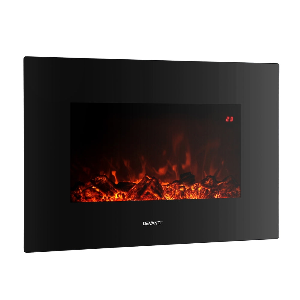 Electric fireplace mounted on a living room wall in the evening