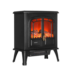 Black freestanding electric fireplace heater with dual glass doors and 3D flame effect, front view