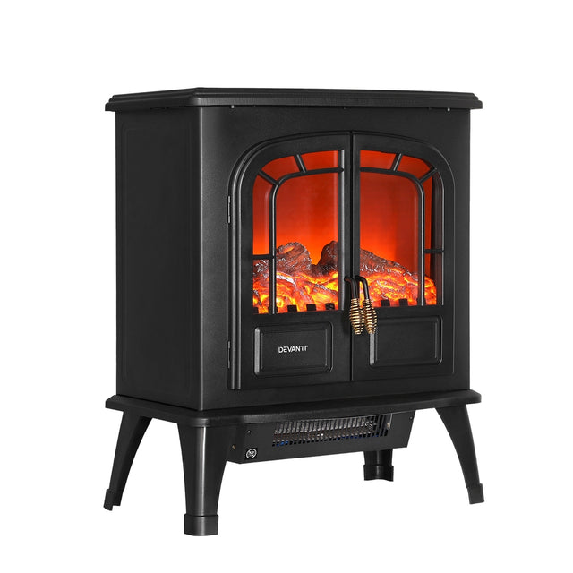 Black freestanding electric fireplace heater with dual glass doors and 3D flame effect, front view