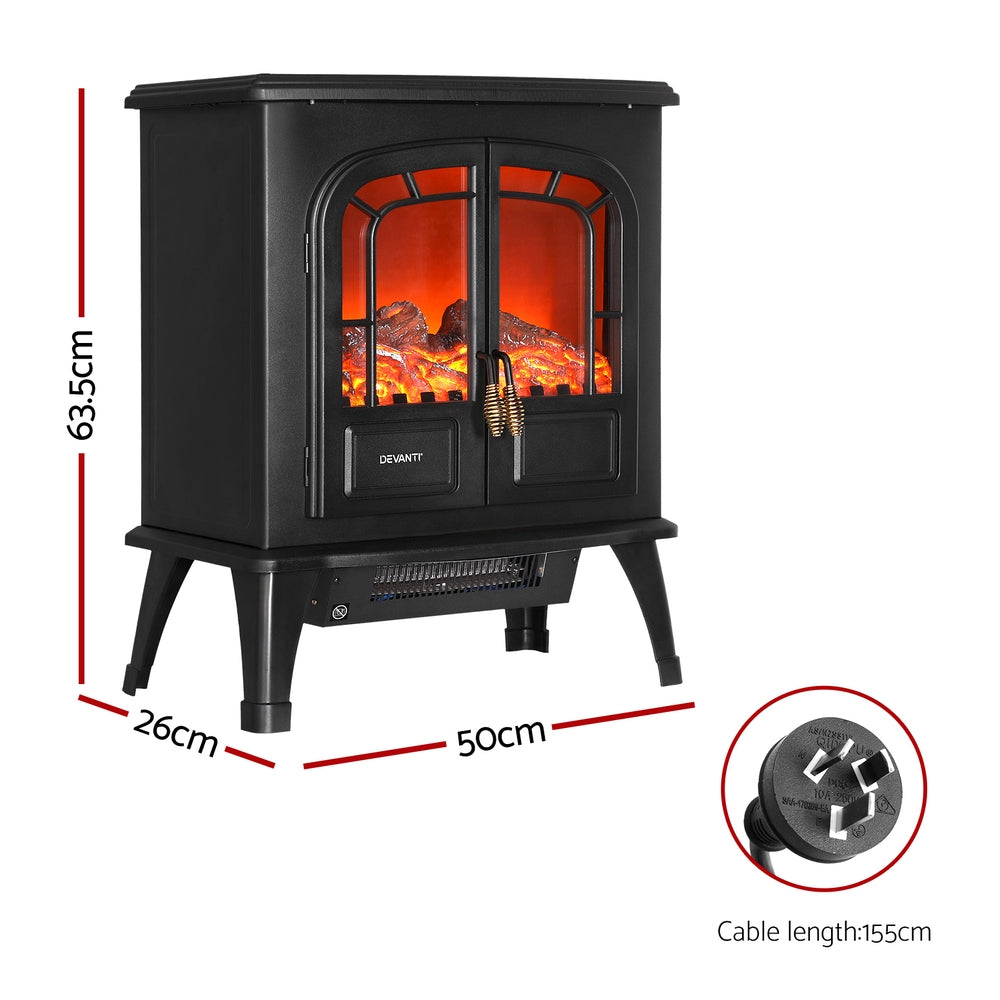 Electric fireplace heater shown from an angle showing black metal body and glass front