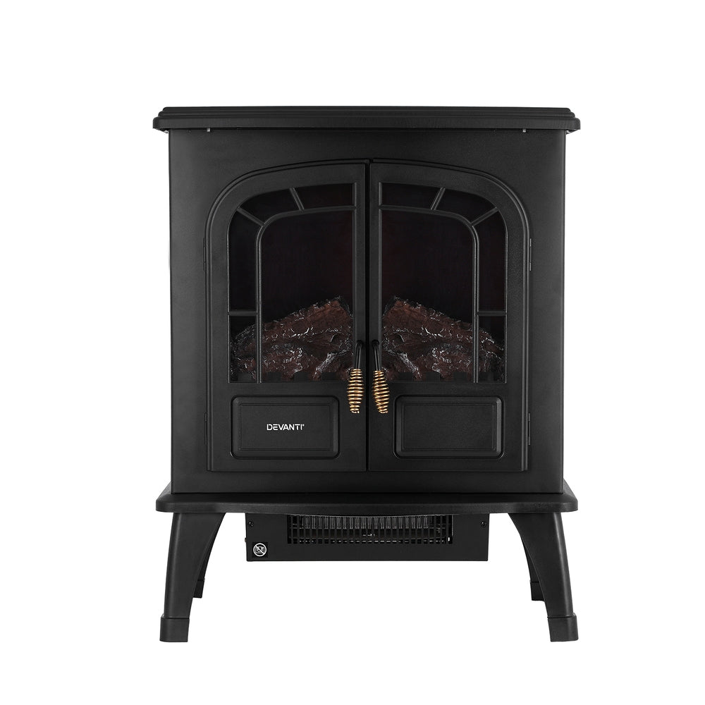 Close up of the 3D log flame effect and glowing ember bed inside the electric fireplace