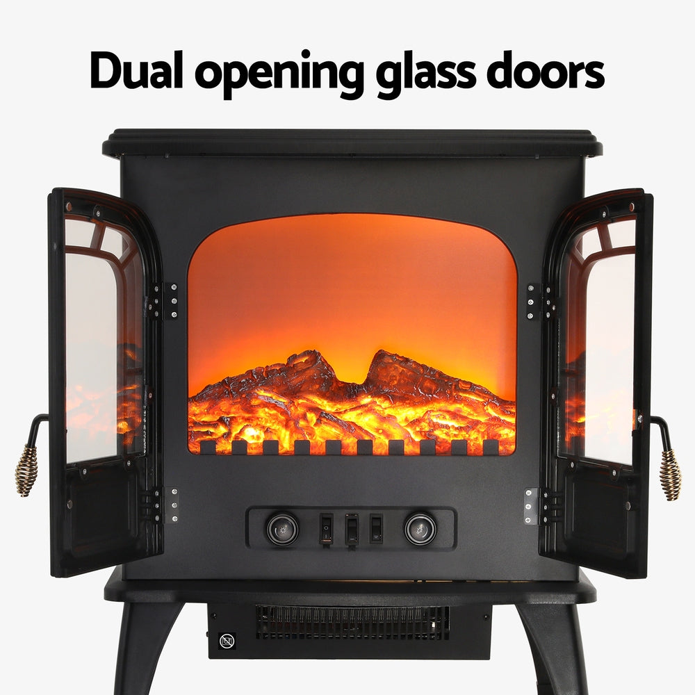 Dual opening glass doors of the black electric fireplace heater shown open