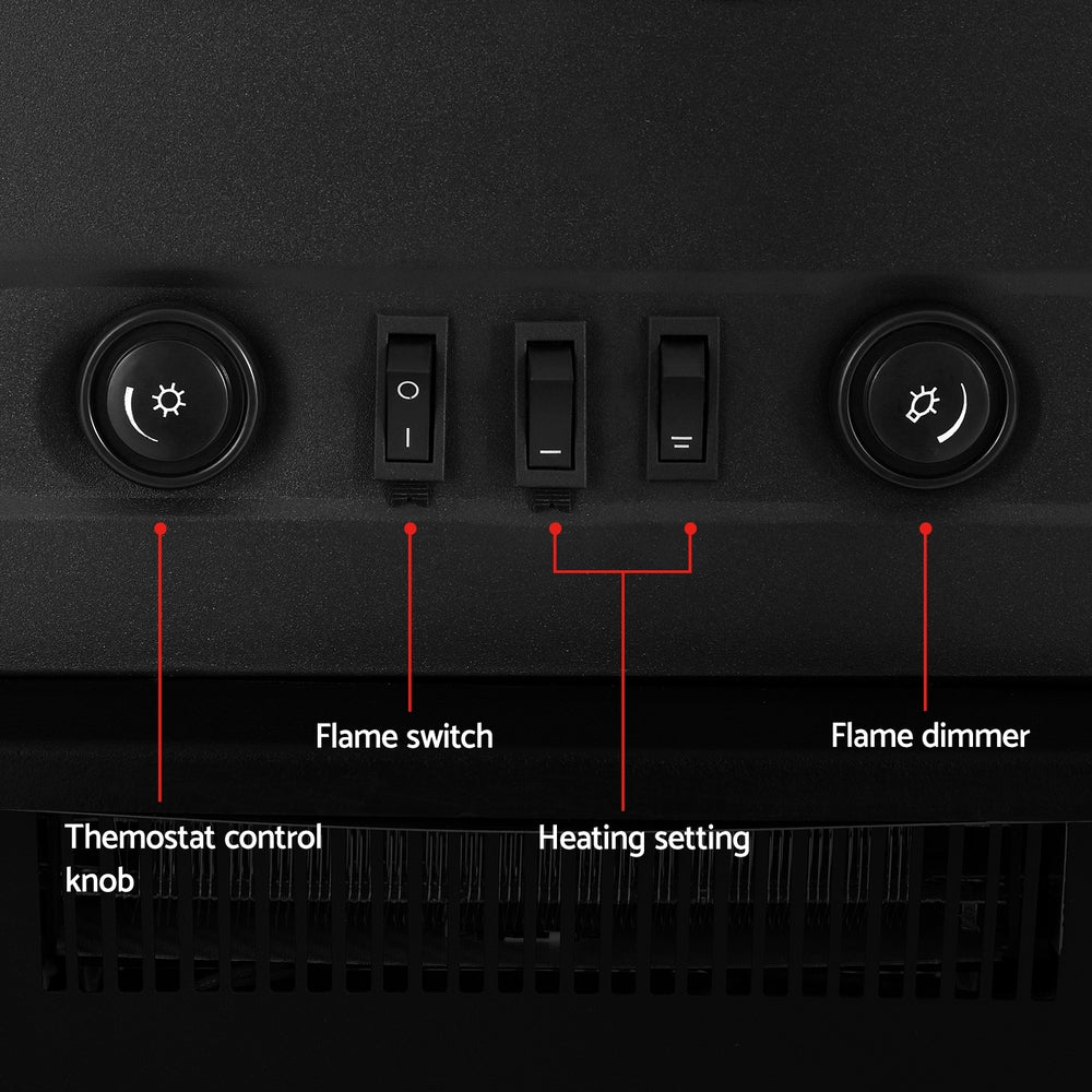 Control panel of the 2000 W electric fireplace heater with heat and brightness settings