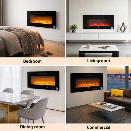 Electric fireplace insert wall mounted in a modern lounge room