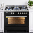 90 cm freestanding dual fuel cooker in black and stainless steel, front view
