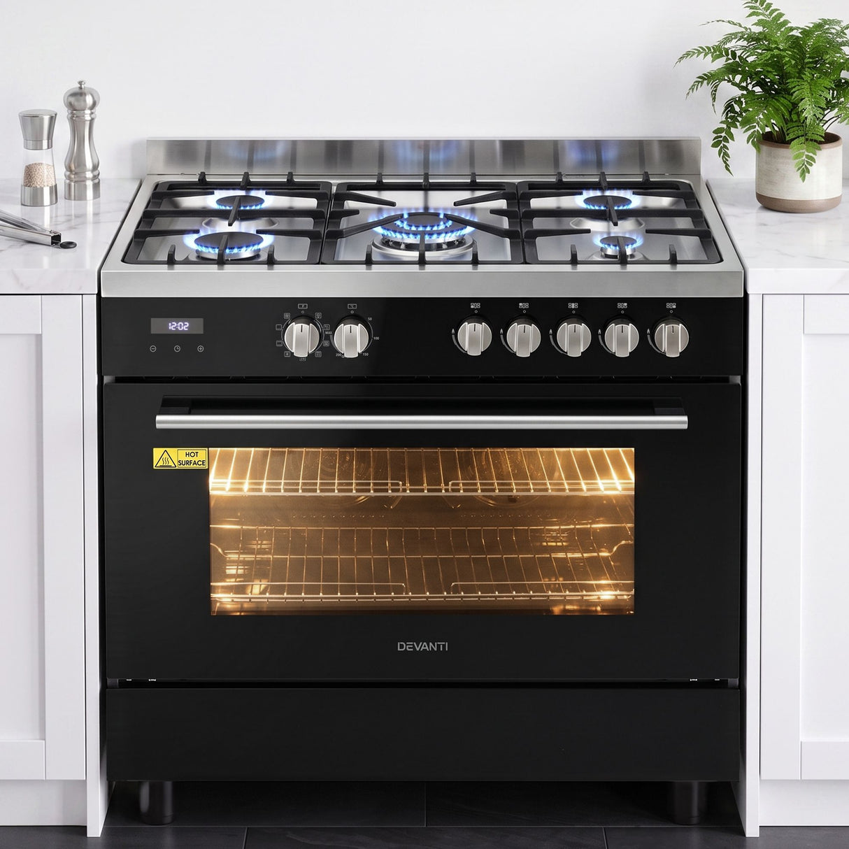 90 cm freestanding dual fuel cooker in black and stainless steel, front view
