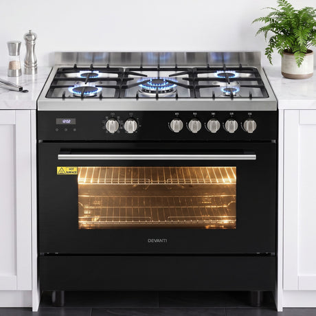 90 cm freestanding dual fuel cooker in black and stainless steel, front view