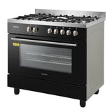 Five burner gas cooktop with cast iron trivets on the 90 cm cooker