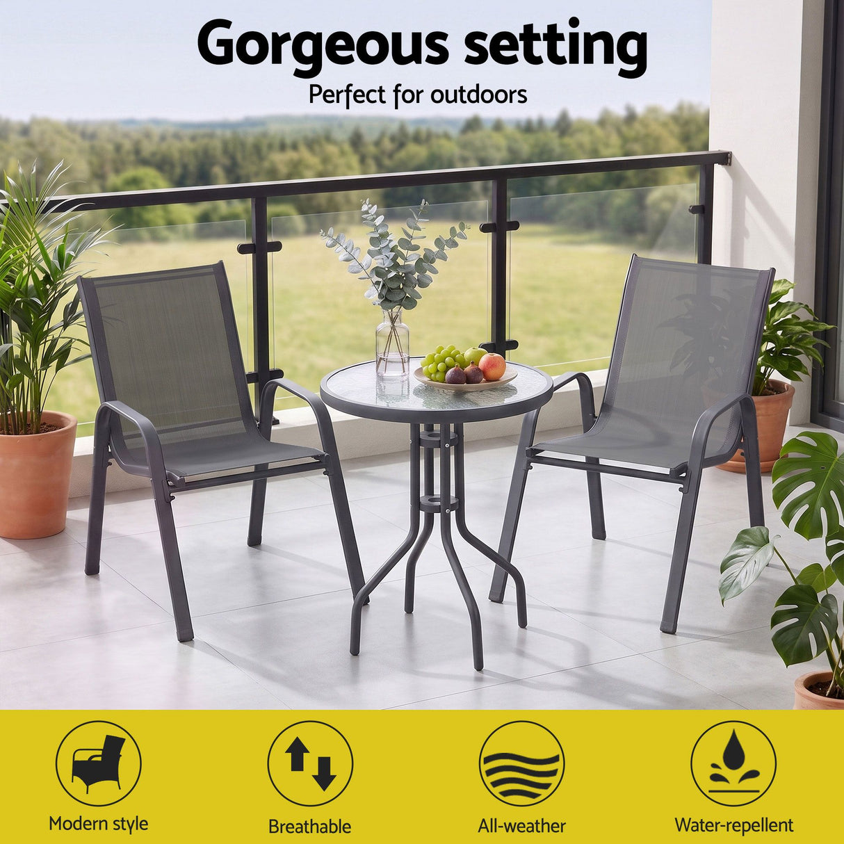 Outdoor Bistro Set 3 Piece Stackable Table And Chairs Grey